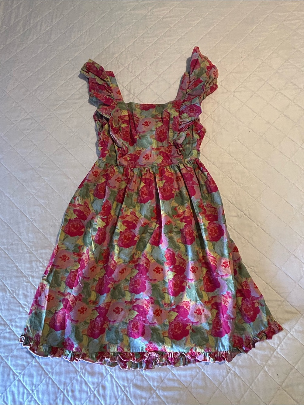 Floral Pink and Green Ruffle Strap Dress
